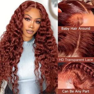 AAKJJ Reddish Brown Deep Wave Lace Front Wigs Human Hair 13x4 HD Transparent Lace Front Wigs for Women Copper Auburn Colored Wig Glueless Pre Plucked with Baby Hair 200 Density...